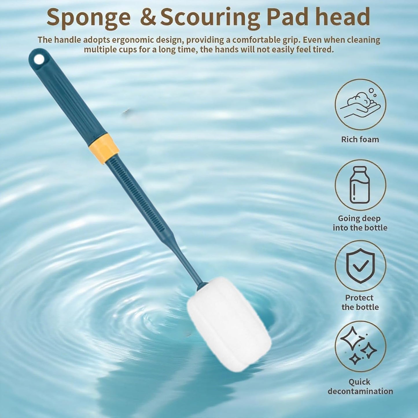Dishwashing Foam Sponges Brush Telescopic Long Handle Scrubbing Brushes Clean Dishes, Sinks ，Cookware，Coffee Glasses Pot Milk Cup Mugs Wine Bottle (4pcs)