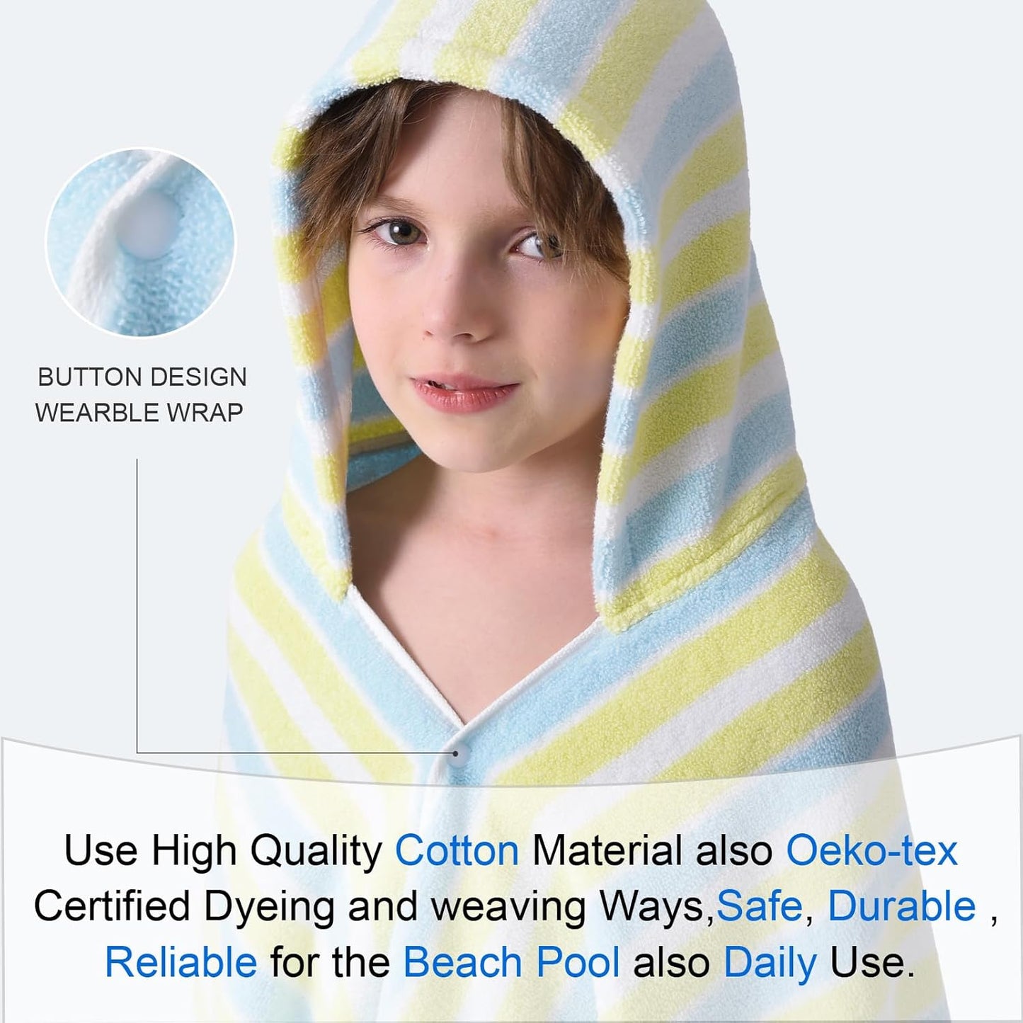 VOOVA & MOVAS Toddler Towels for Boys - 100% Cotton (3-10Years) - Quick Dry Absorbent Lightweigh Hooded Wrap Towel for Pool | Swim | Beach | Bath, Yellow Blue Stripe