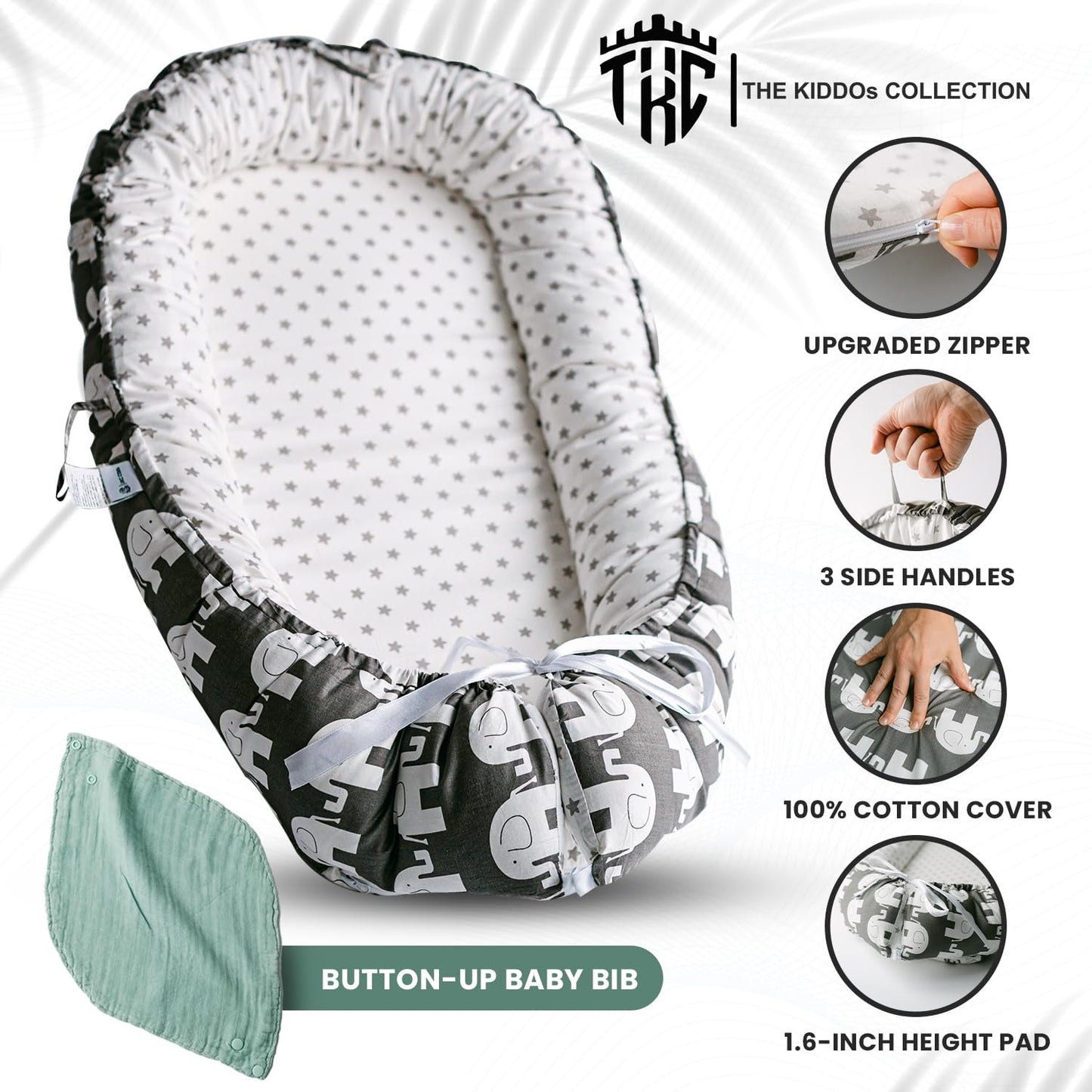 TKC Baby Lounger 0-24 Months | Adjustable Infant Lounger | Breathable Organic Cotton Cover | Reversible, Portable Baby Nest | Includes Bib | Elephant