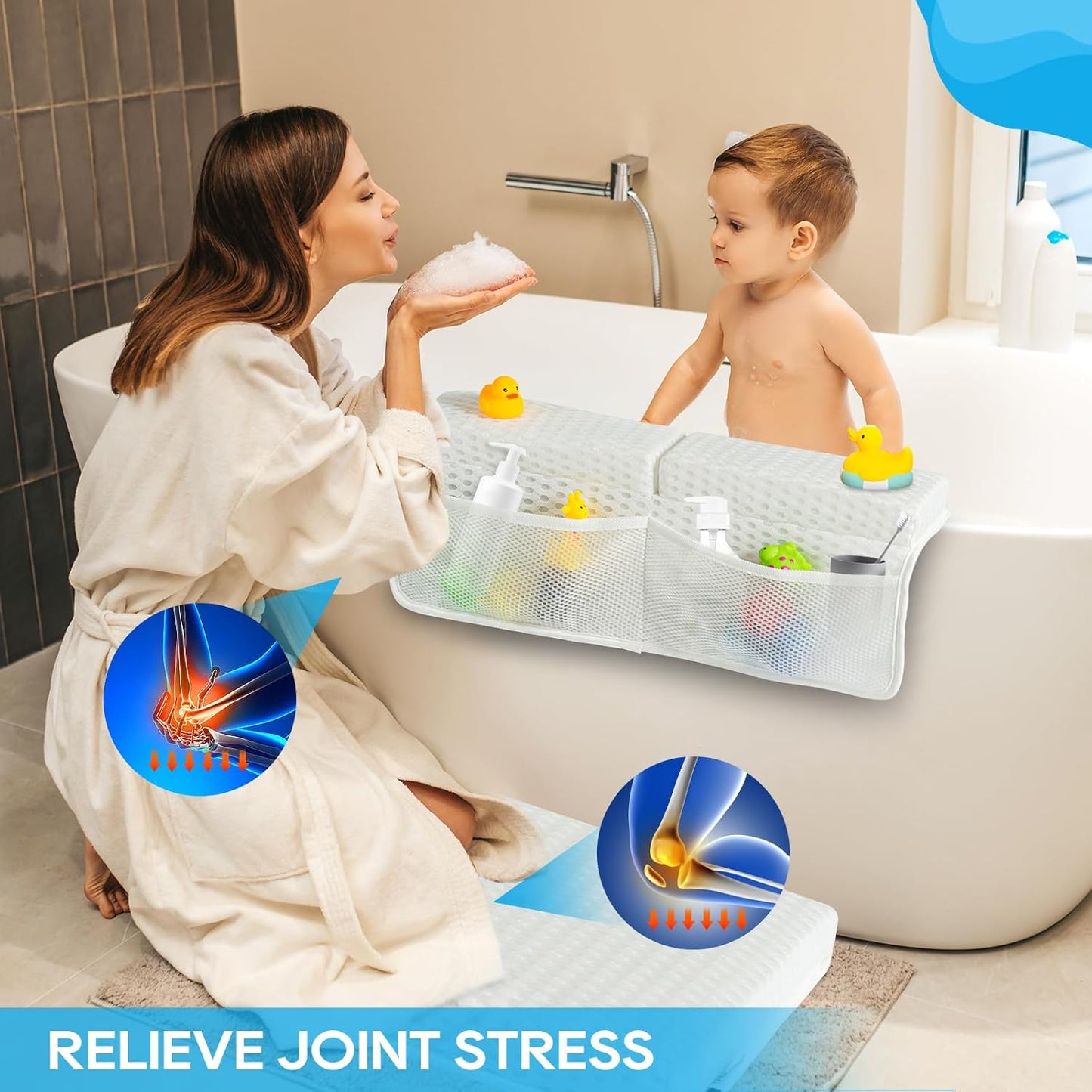OS OMYSTYLE Baby Bath Kneeler and Elbow Rest Pad Set, 1.5'' Thick Quickly Dry Bathtub Kneeler Pad with Baby Toys & Bath Accessories Organizer, Kneeling and Elbow for Tub, Non-Slip Mat(White)