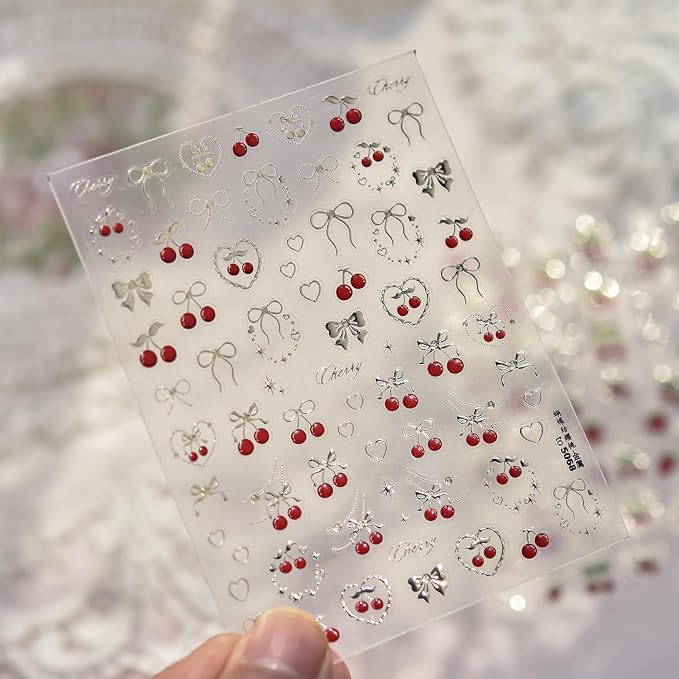 Cherry Nail Art Stickers Summer Cherry Nail Stickers 5D Embossed Gold Cherries