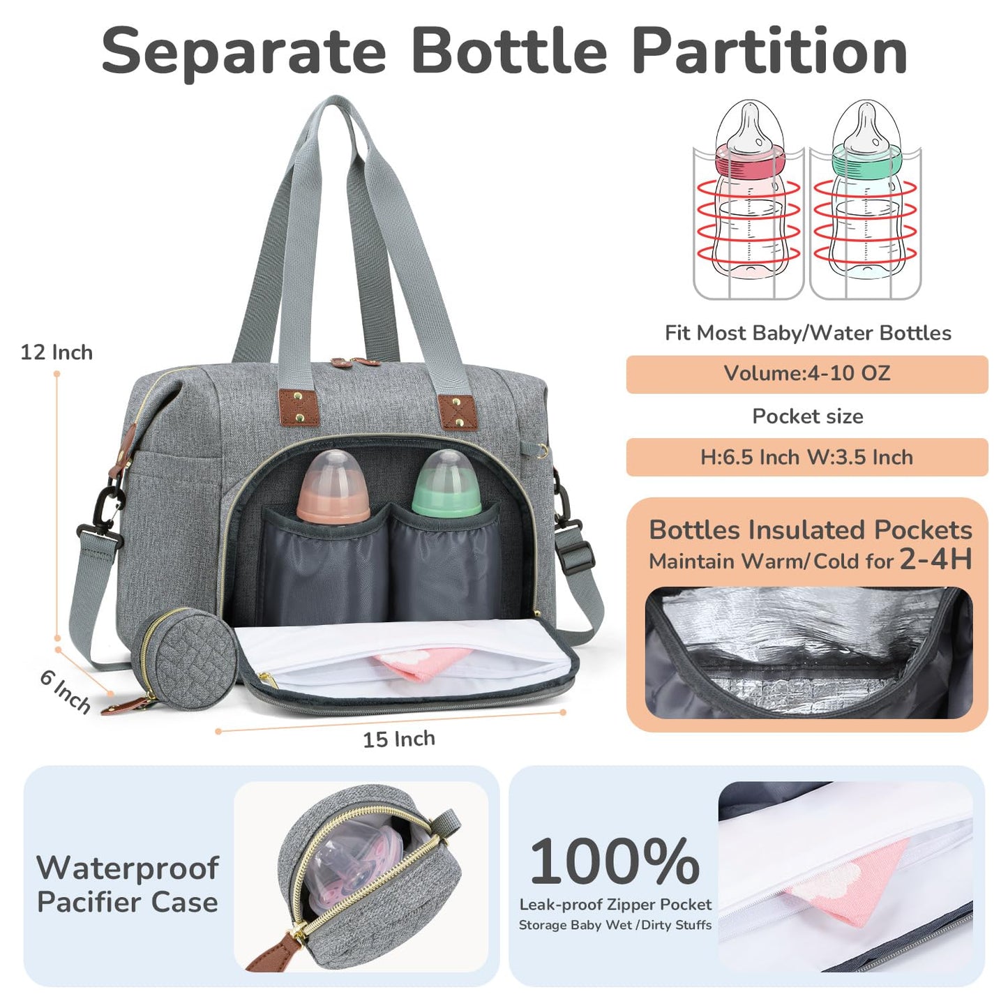 Diaper Bag Tote, Baby Bag Travel Diaper Tote Bag with Pacifier Case, Cute Maternity Hospital Baby Stylish Diaper Tote for Mom Dad Medium Size, Grey
