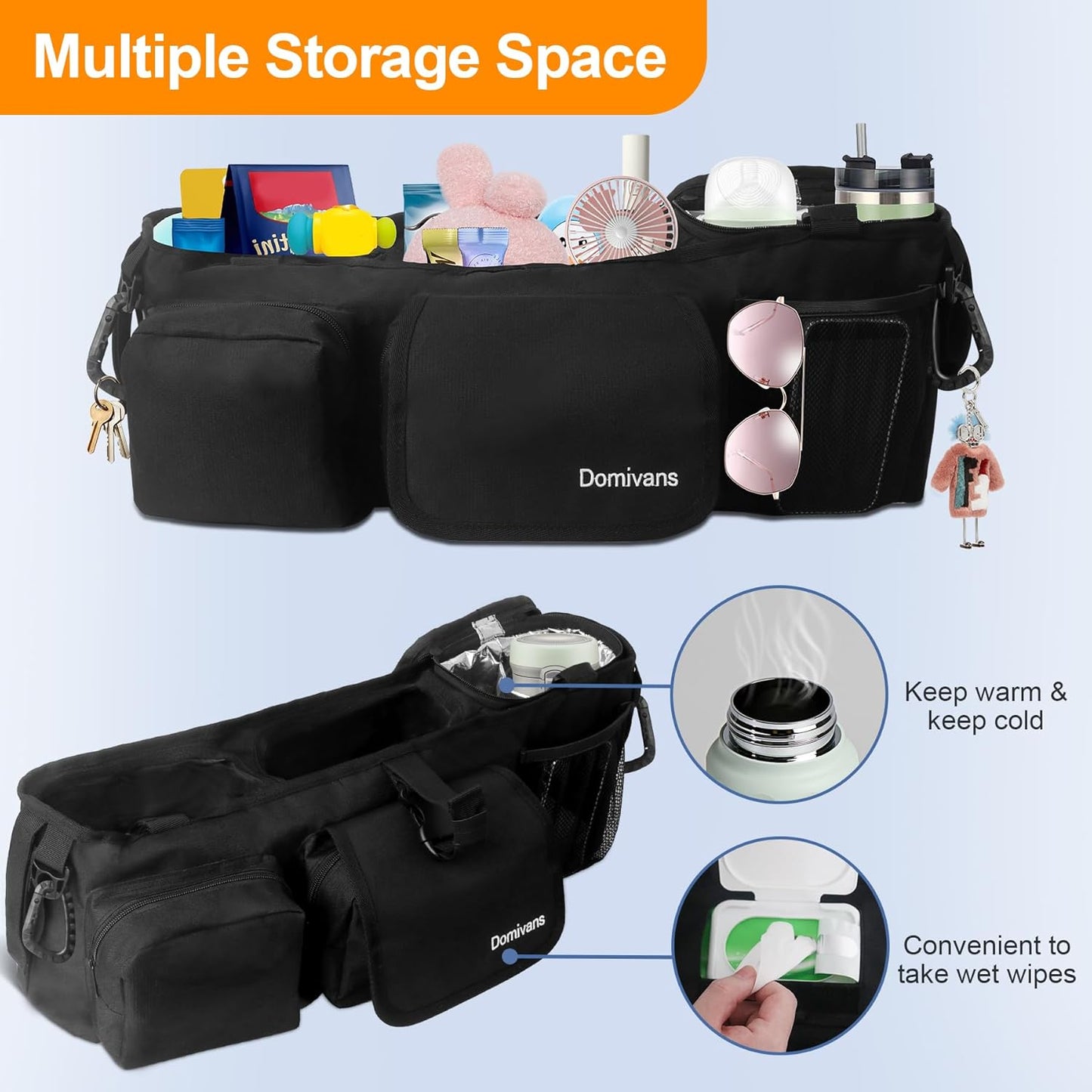 Double Stroller Organizer,Double Stroller Caddy for Bob Duallie and Baby Jogger City Mini GT2,Extra Large Double Baby Stroller Accessories with Cup Holder,Black(Empty Bag)