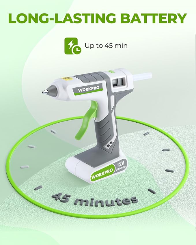 WORKPRO Full Size Cordless Hot Melt Glue Gun - 12V Rechargeable Fast Preheating