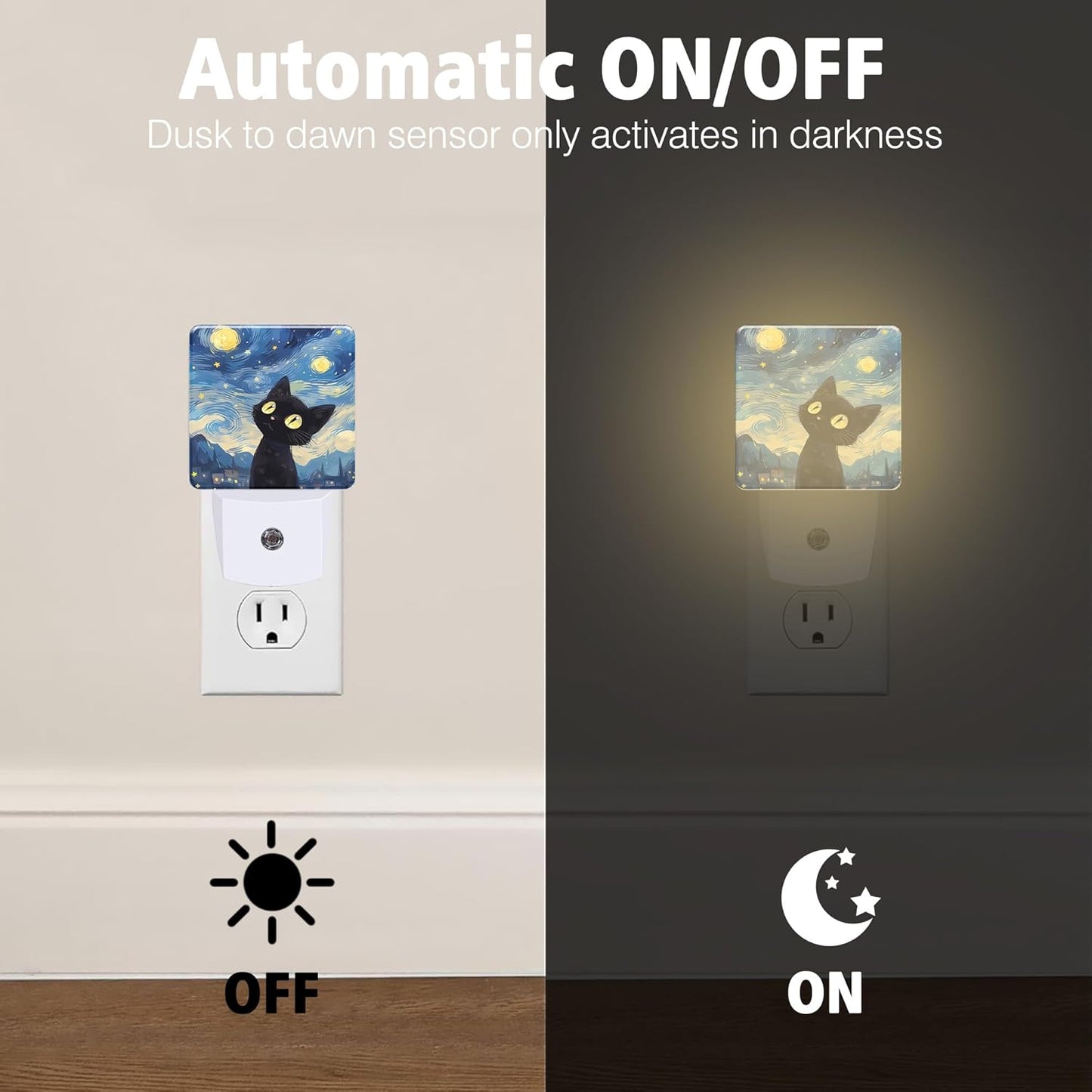 Starry Night Black Cat Night Lights Plug into Wall for Girls Boys Room, Night Lights LED Lamp with Dusk to Dawn Sensor Nightlight for Bedroom Kitchen Bathroom Hallway Home Wall Decor