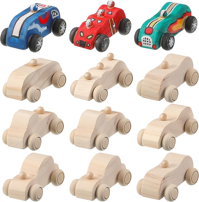 Sumind 12 Pieces Wood DIY Car Toys Unfinished Wooden Cars Paintable Race Cars