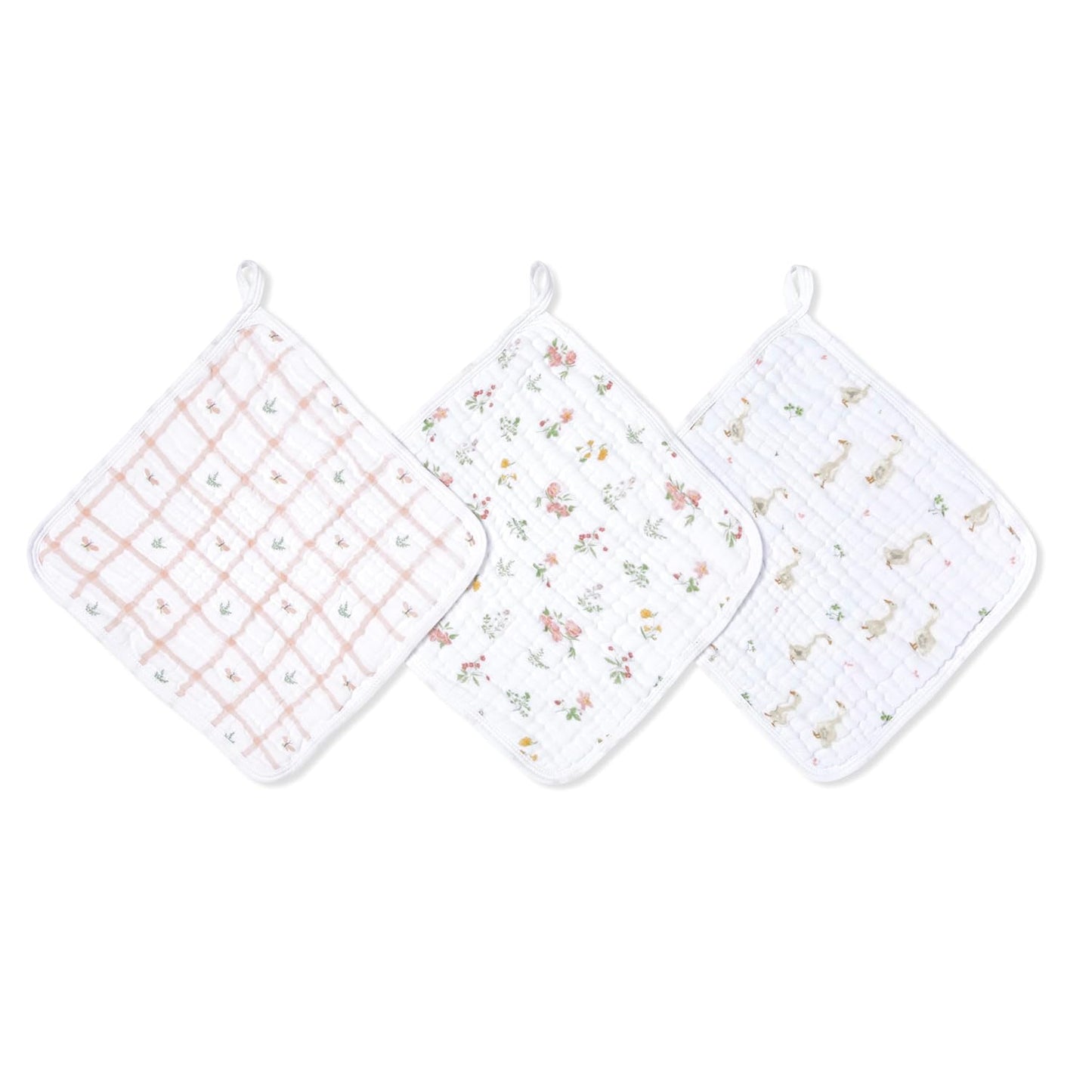 aden + anais Essentials Washcloth 3-Pack, Super Soft 100% Cotton Muslin, Gentle on Skin, 3 Absorbent 11x11 Layers, Softer with Every Use, Perfect for Babies, Infants, Toddlers, Country Floral