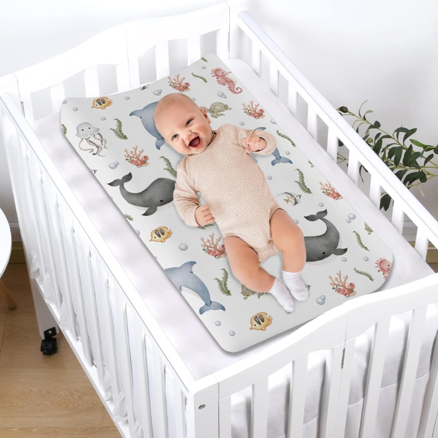 Sea Animals Changing Pad Cover Whale Dolphin Jellyfish Sea Horse Turtle Fish Coral Fitted Baby Change Table Sheets for Boy Girl Ocean Soft Stretch Fitted Changing Table Pad Cover Mats 32''x16''