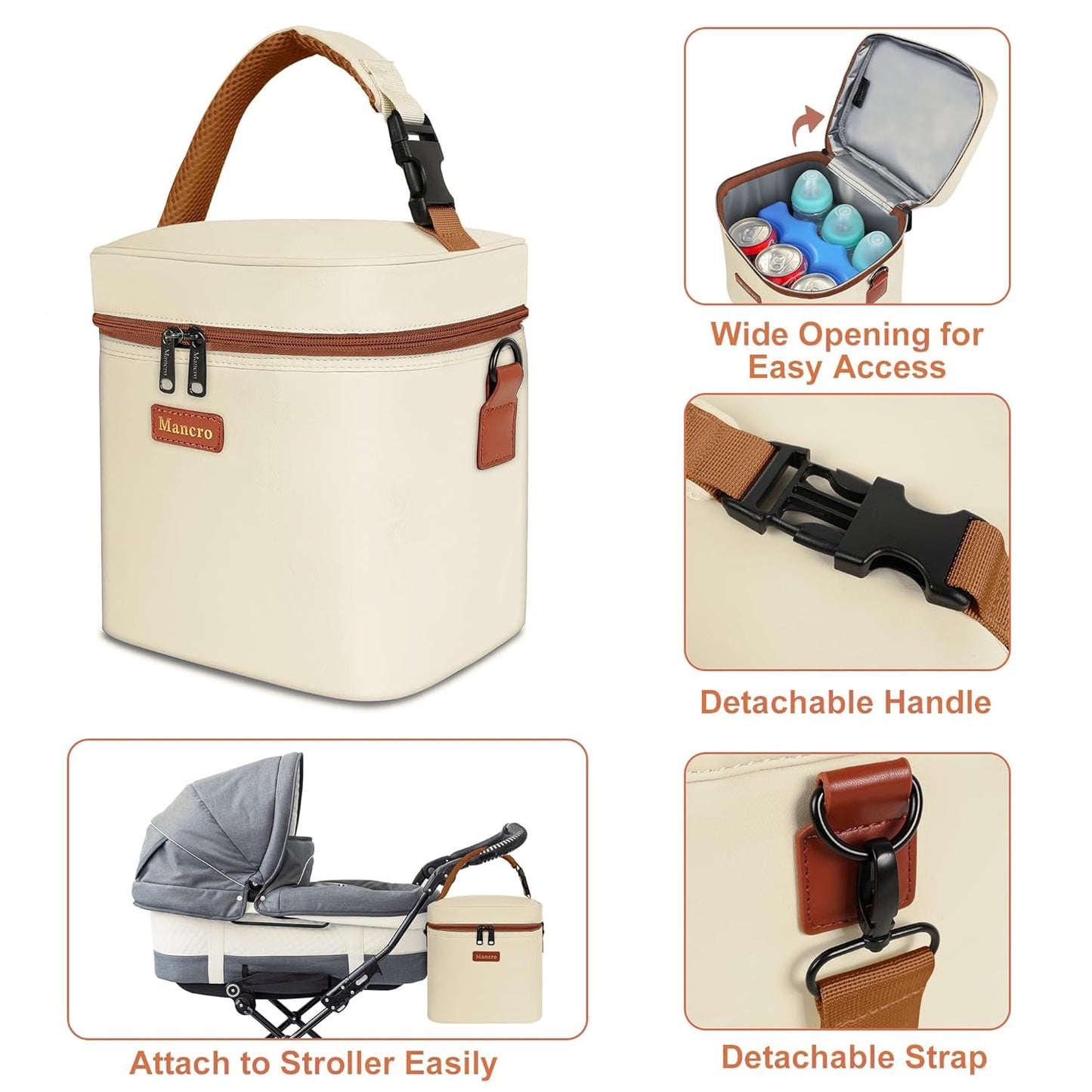 Mancro Breast Milk Cooler Travel Bag with Ice Pack, Insulated Baby Bottle Bag Fits for 6 Baby Bottles Up to 9 Ounce with Detachable Shoulder Strap, Breastmilk Cooler for Working Mom or Daycare, Beige