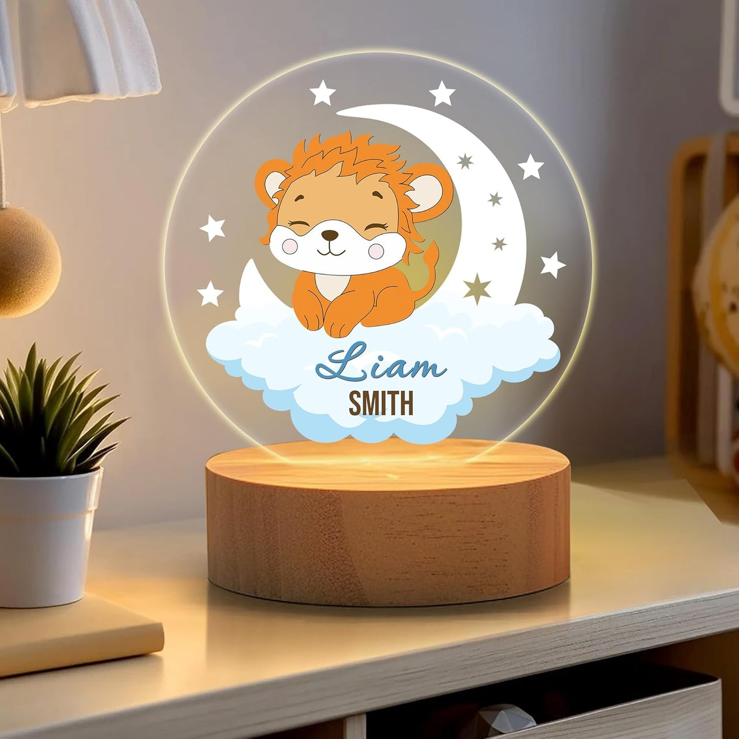 callie Acrylic Night Light Name Plate Personalized, Custom Cute Animal Dog Cat with Wooden Base Bedroom Decor, Birthday Gifts Kid Gifts for Family (Dreamy Moon Forest)