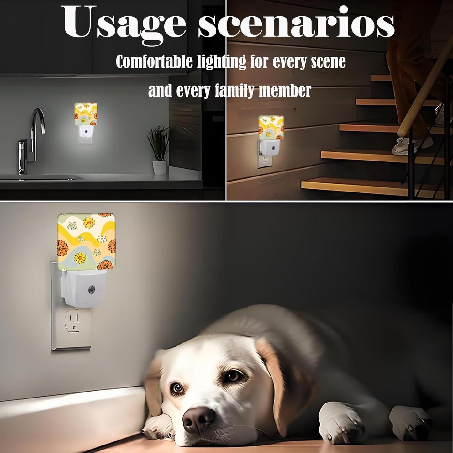 Waves and Floral Night Light,Plug Into Wall for Boys Girls Bedroom Decorative Square Night Light Lamp 0.5w Sleep Friendly