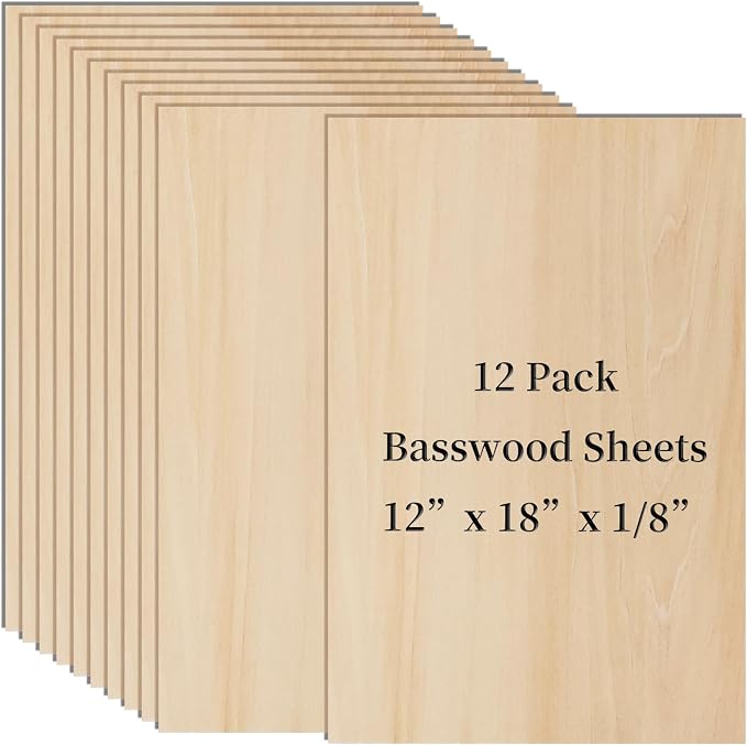12 Pack Basswood Sheets for Crafts 12 x 18 x 1/8 in, 3mm Thick Unfinished