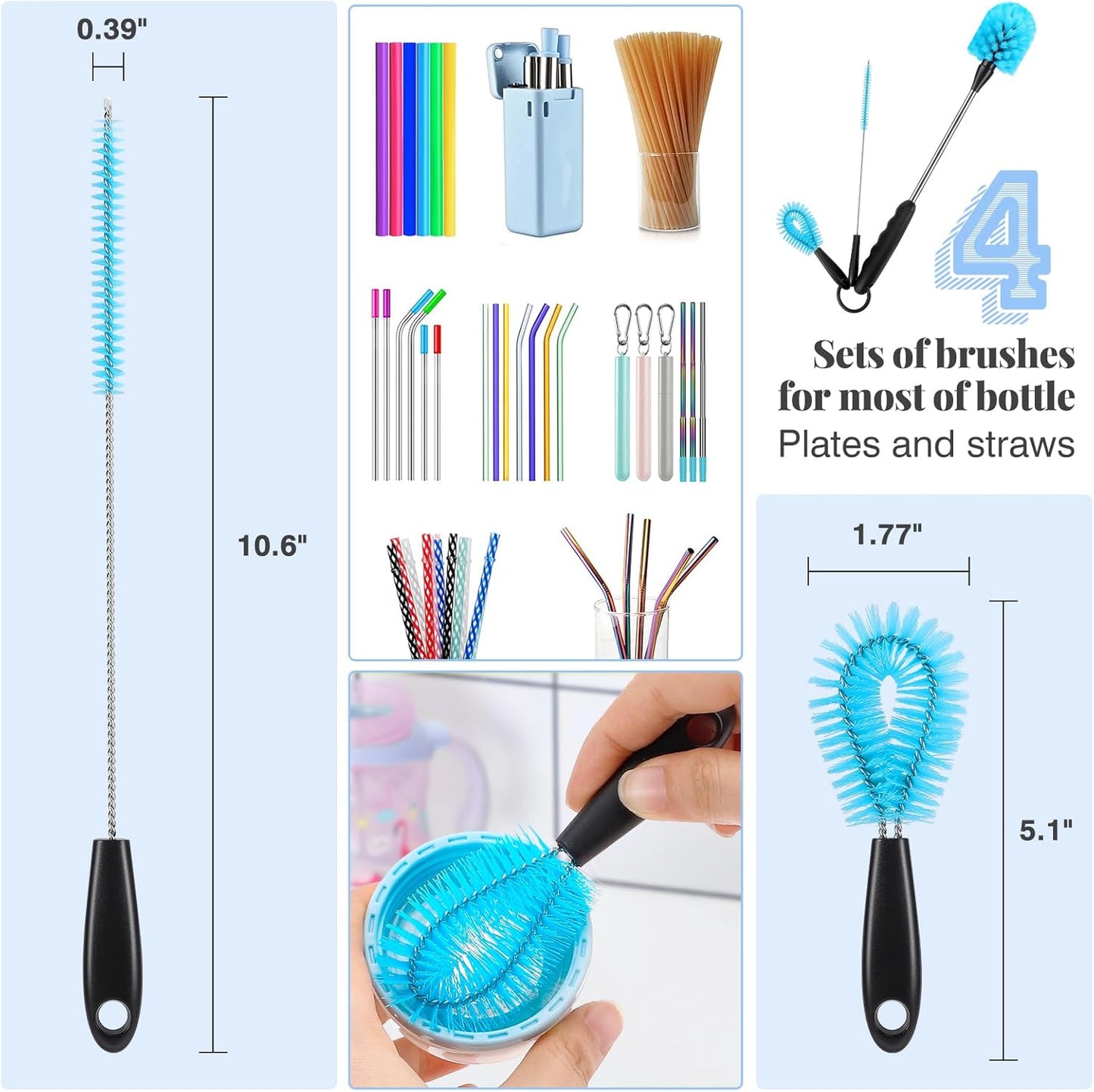3-in-1 Stainless Steel Cleaning Brush Set, Long Handle for Narrow Neck Bottles, Sport Bottles, Coffee Mugs, Tumblers, Flask