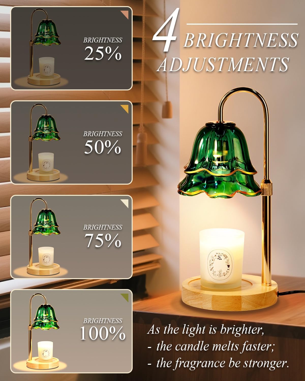 Green Candle Warmer Lamp with Timer Dimmable, Flower Candle Warming Light Height Adjustable, Wax Melt Warmer Candle Lamp for Jar Scented Candles, Birthday Christmas Housewarming Gifts for Women Mom