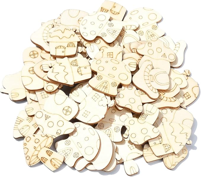 200 Pcs Unfinished Wooden Mushroom House Cutouts Blank Wood Slices Wooden