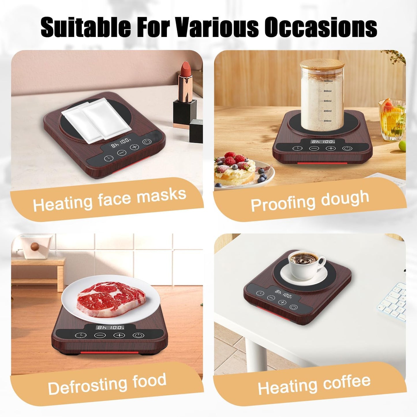 Sourdough Starter Warmer Mat, 12H Timer Warming Heating Pad, Precise 1°F Thermostat Control (70-100°F), Smart Memory Warming On/Off, Fits Jars Up to 40oz, Perfect for Home Baking (Wood)