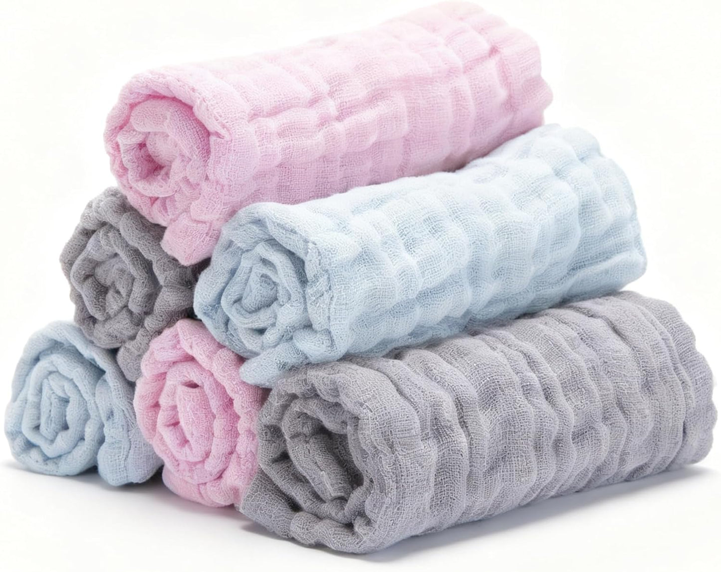Organic Muslin Baby Washcloths 6 Pack Baby Bath Face Towel 12x12 Inch Extra Absorbent and Soft Burp Cloth and Wash Cloths for Newborn-Infants On Sensitive Skin (Grey Pink Blue)