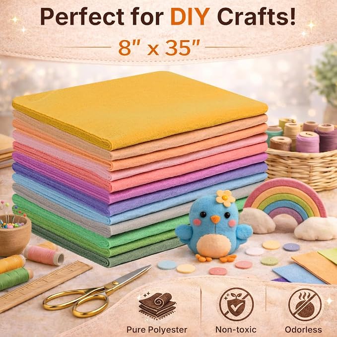 Large Stiff Felt Sheets 8"x35" – 12 Assorted Colors Felt Fabric Bundle Pack