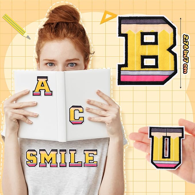 WILLBOND 52 Pcs Back to School Alphabet Patches Pencil Self Adhesive Iron on