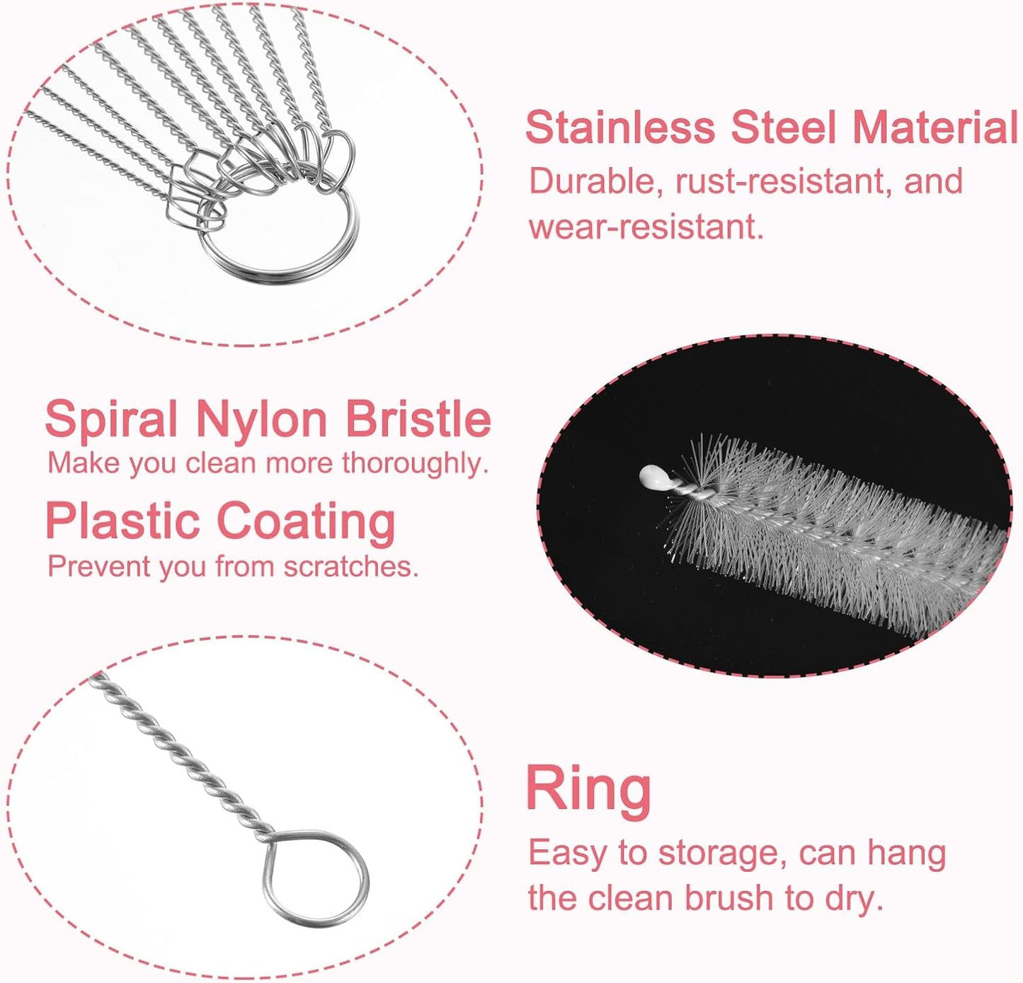 uxcell 2 Set of Straw Cleaner Brush, 8.3 Inch Nylon Tube Pipe Cleaners Set, 20Pcs Stainless Steel Long Straw Brush for Drinking Straw, Bottle, Tube, Cup, Clear