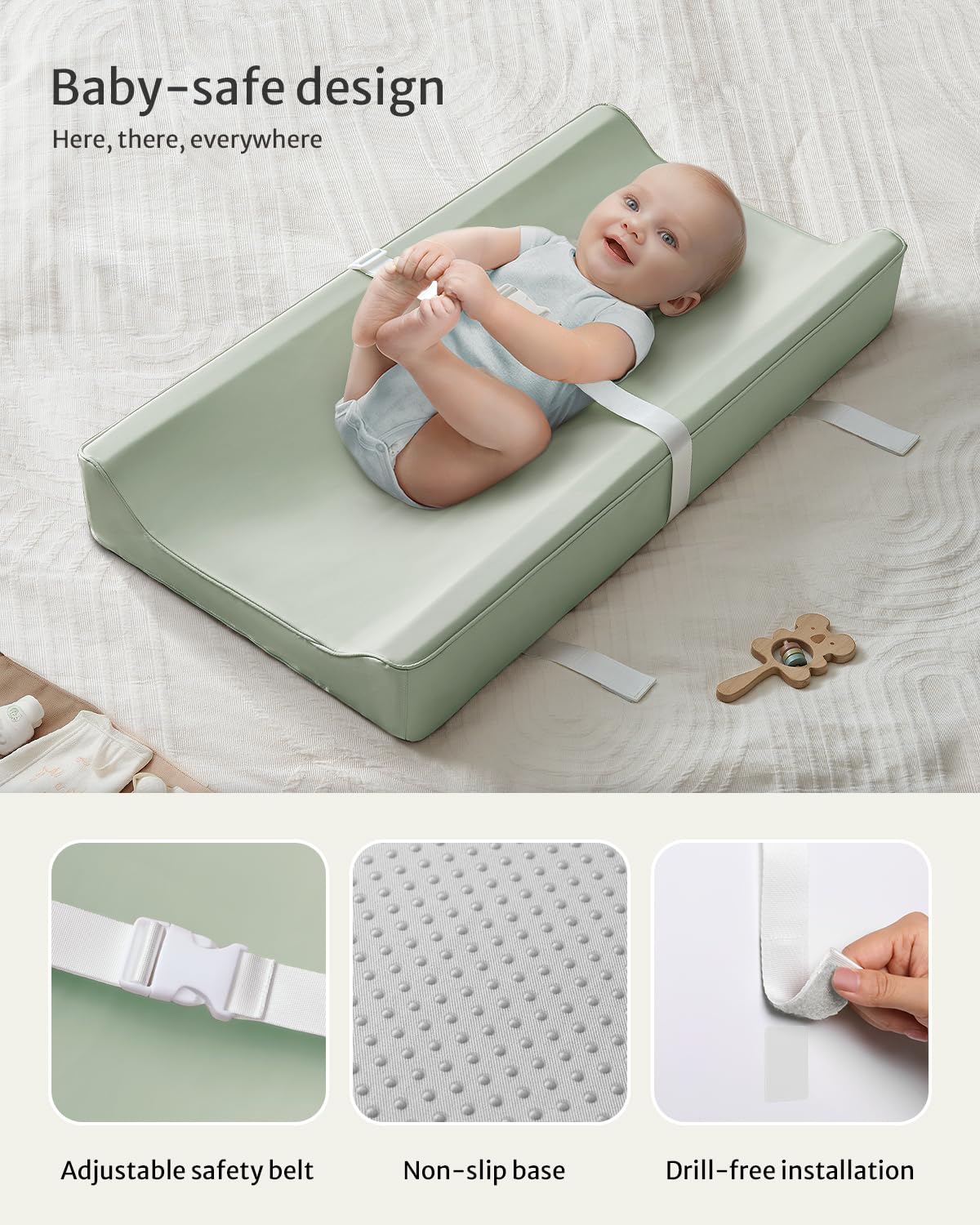 Blissful Diary Vegan Leather Baby Changing Pad with Waterproof & Wipe-Clean PU Cover, Standard Size Cozy Diaper Changing Pad for Dresser and Table, Light Green