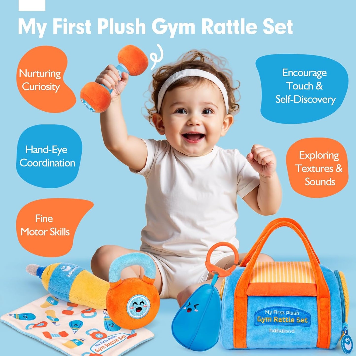 hahaland Baby Toys 6-12 Months - Baby Toys 3-6 Months Montessori Toy for 6 Month Old, Sensory Toy for Babies Workout Weights Dumbbell Toy Set with Soft Rattles Mirror, Christmas Baby Gifts