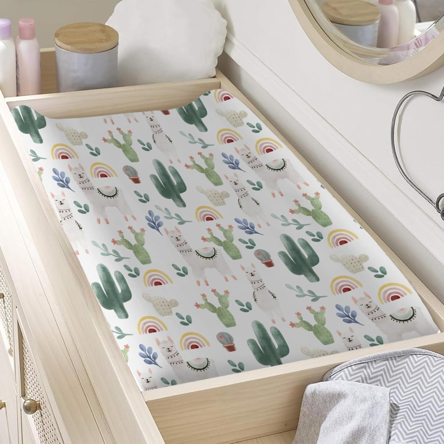 Cute Llama Changing Pad Cover Funny Llama Cactus Leaves Rainbow Unisex Diaper Change Table Covers for Boys Girls Soft Stretchy Baby Changing Mats Sheets 32''x16''