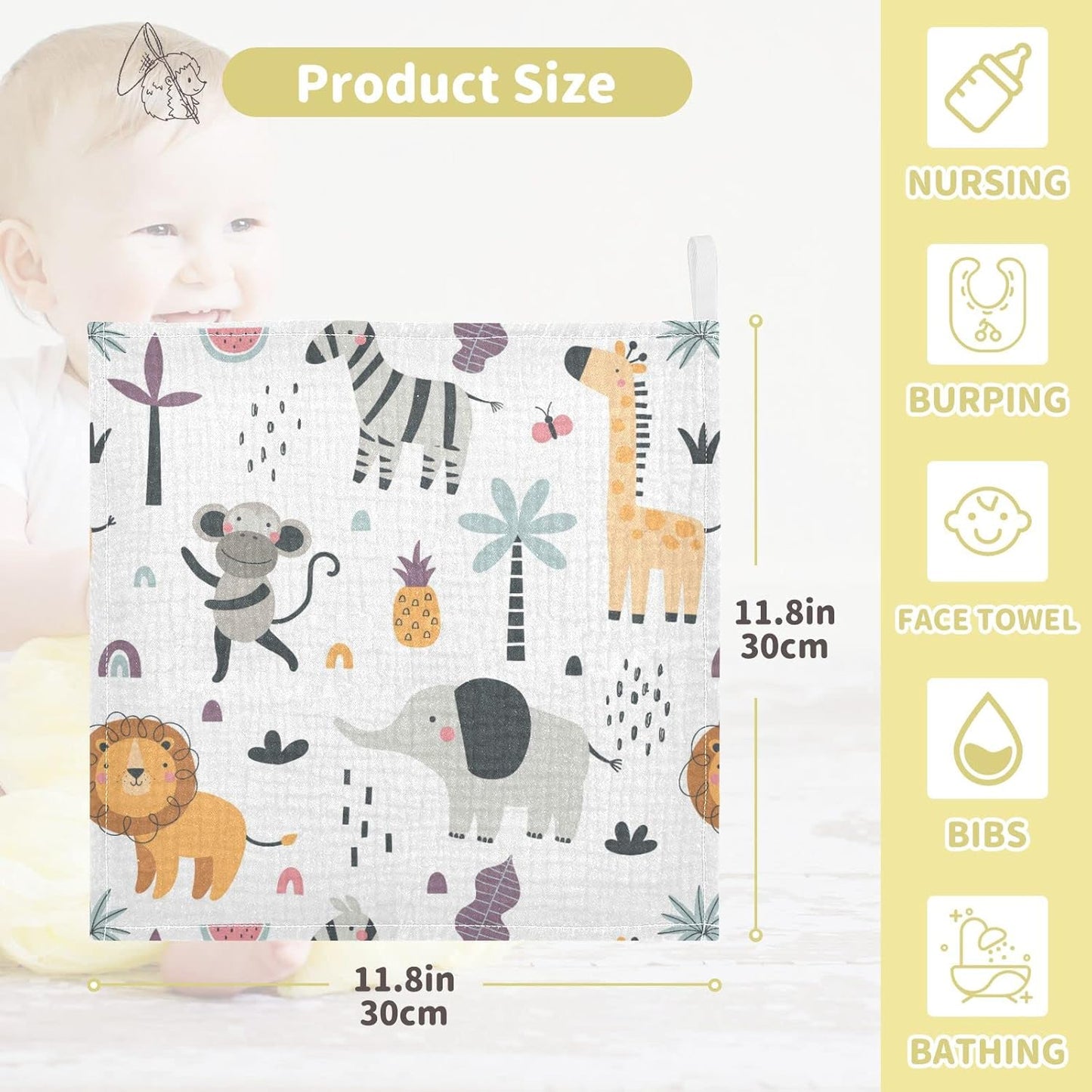 Exotic Animals Baby Muslin Washcloths Monkey Elephant Lion Burp Cloths Soft Absorbent Baby Wash Cloth Fingertip Face Towels for Newborn Boys Girls 12 x 12 in, 5 Pack
