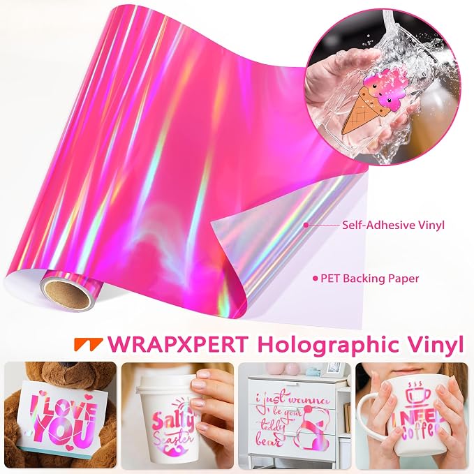 WRAPXPERT Holographic Vinyl Roll Pink, Holographic Permanent Vinyl Glossy