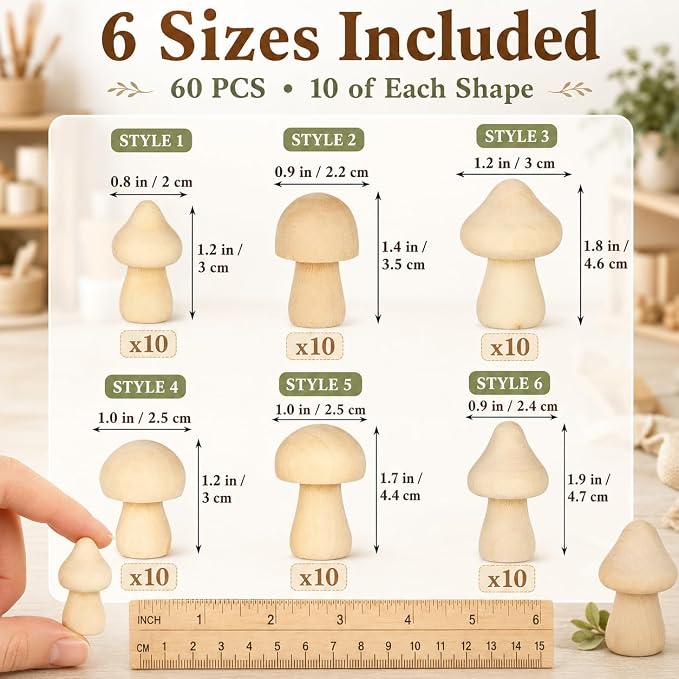60Pcs Wooden Mushrooms, 6 Sizes of Natural Unfinished Wooden Mushroom, Wood