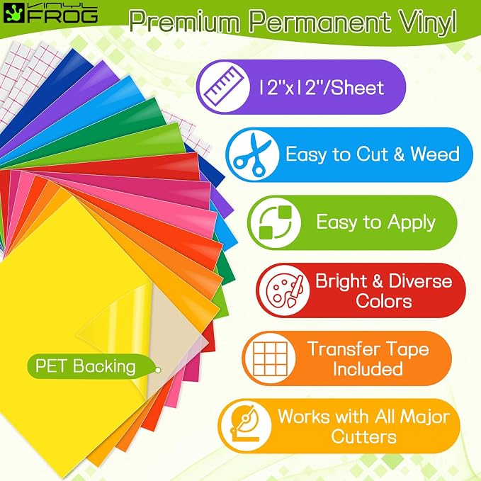 VINYL FROG Permanent Vinyl Bundle 12‘’x12'' Glossy Adhesive Vinyl 14 Sheets 12