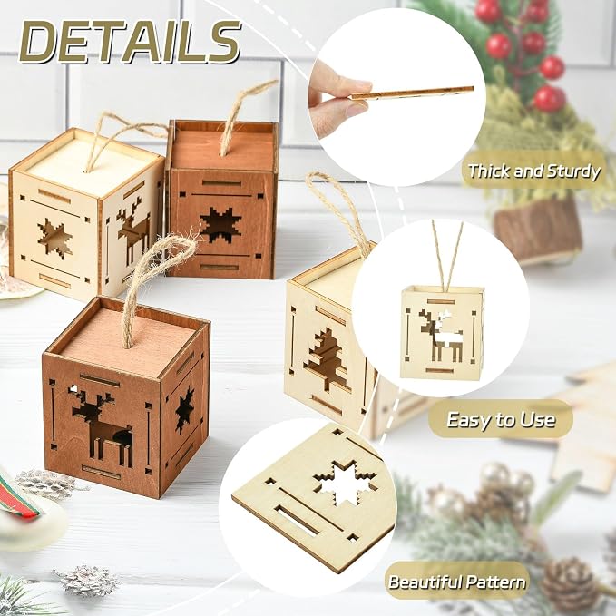 6 pcs 2 Styles Christmas Splicing Theme Undyed Wooden Cutout Charms Square
