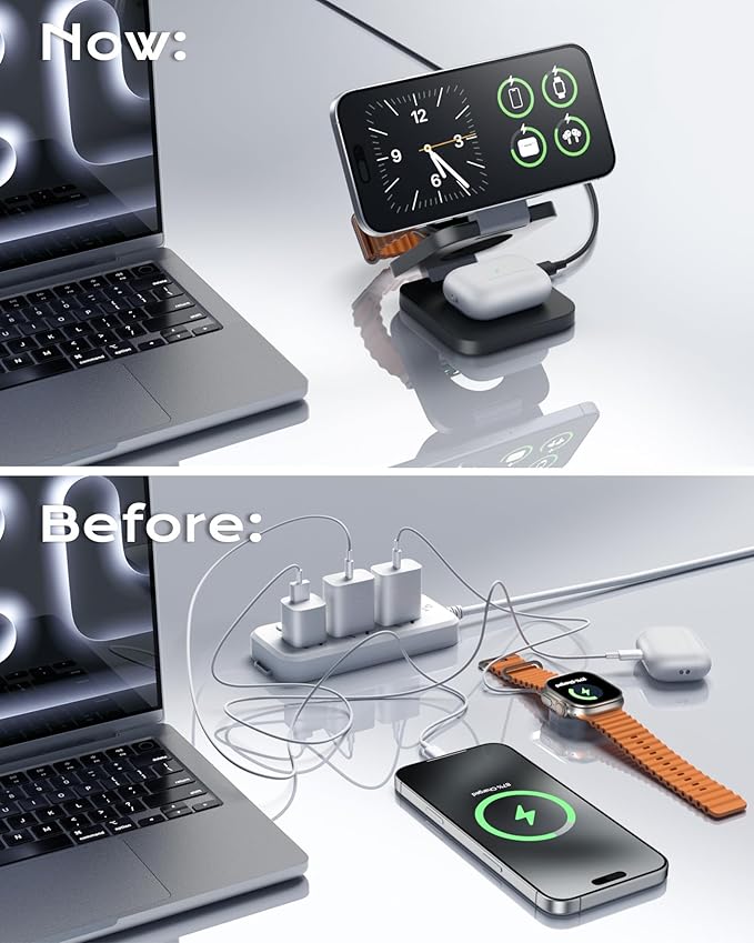 Qi2 Certified 3 in 1 Travel Charger MagSafe Compatible, Upgraded Foldable Wireless Charger Stand, Mag-Safe 3 in 1 Charging Station,15W Fast Charging for iPhone 17/16/15/14/13/12, Apple Watch, AirPods