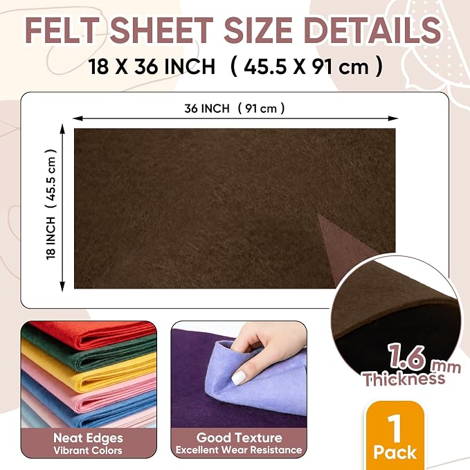 Soft Felt Fabric Sheet 18" x 36", 1.6mm Acrylic Craft Felt, Dark Brown | Soft