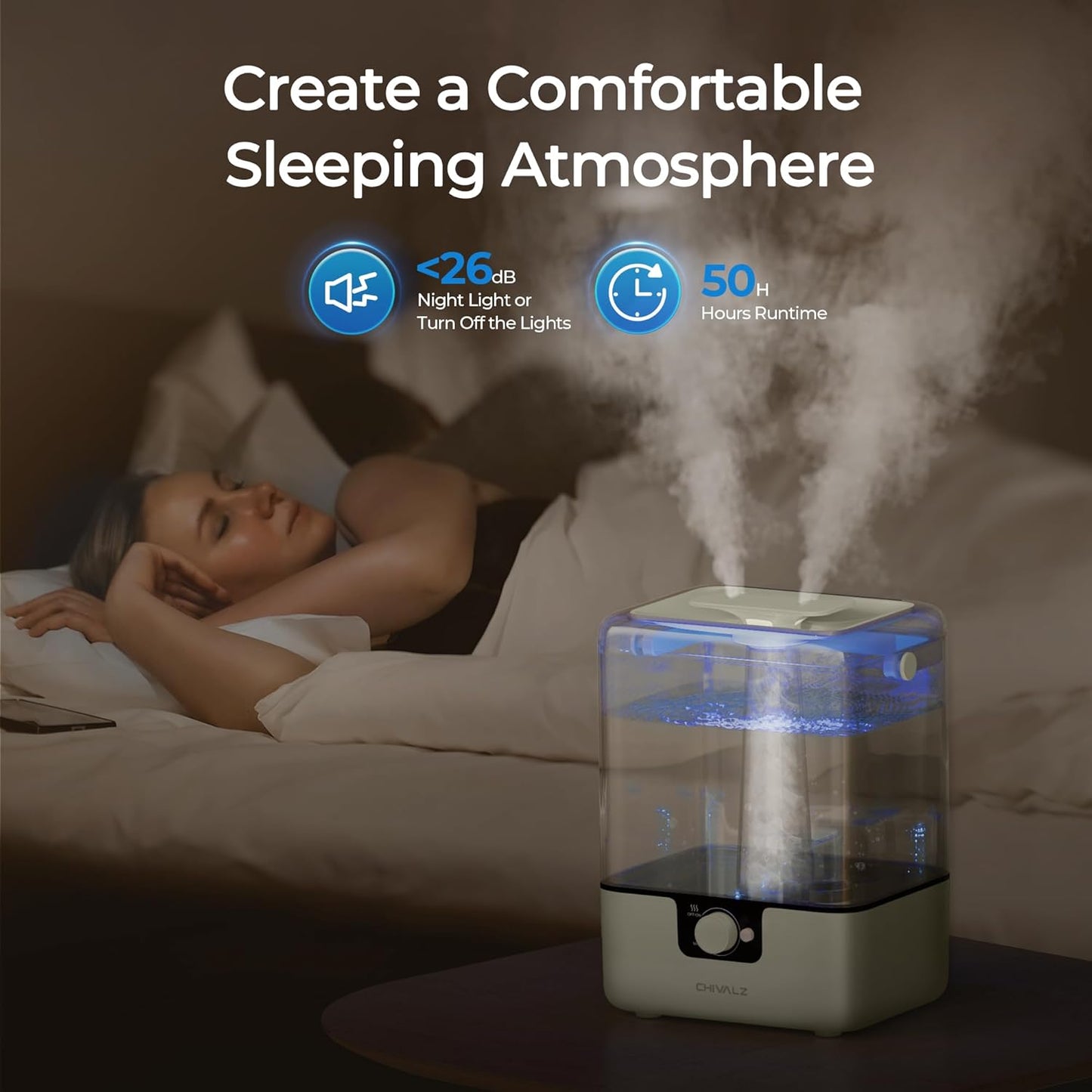CHIVALZ Humidifiers for Bedroom, 6L Cool Mist Humidifiers for Baby Nursery, 26dB Quiet, 50H Runtime, Top Fill Humidifier for Large Room, Home, Plants, Nightlight, Oil Diffuser 1 Pack CreamyYellow