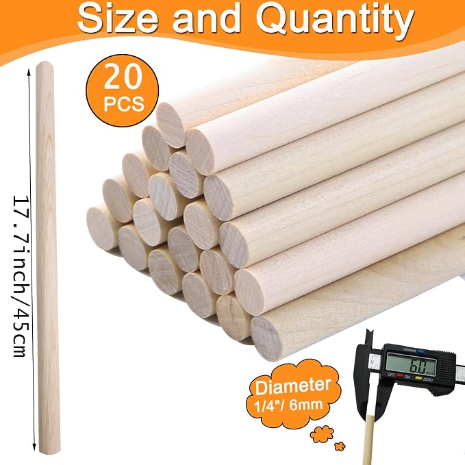Yaliuliu 1/4 x 17.7 Inch 20PCS Wood Dowel Rods, Round Solid Wooden Dowels Craft