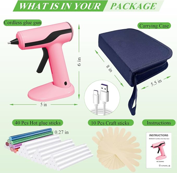 MONVICT Cordless Hot Glue Gun Kit, USB-C Rechargeable Mini Pink Glue Gun