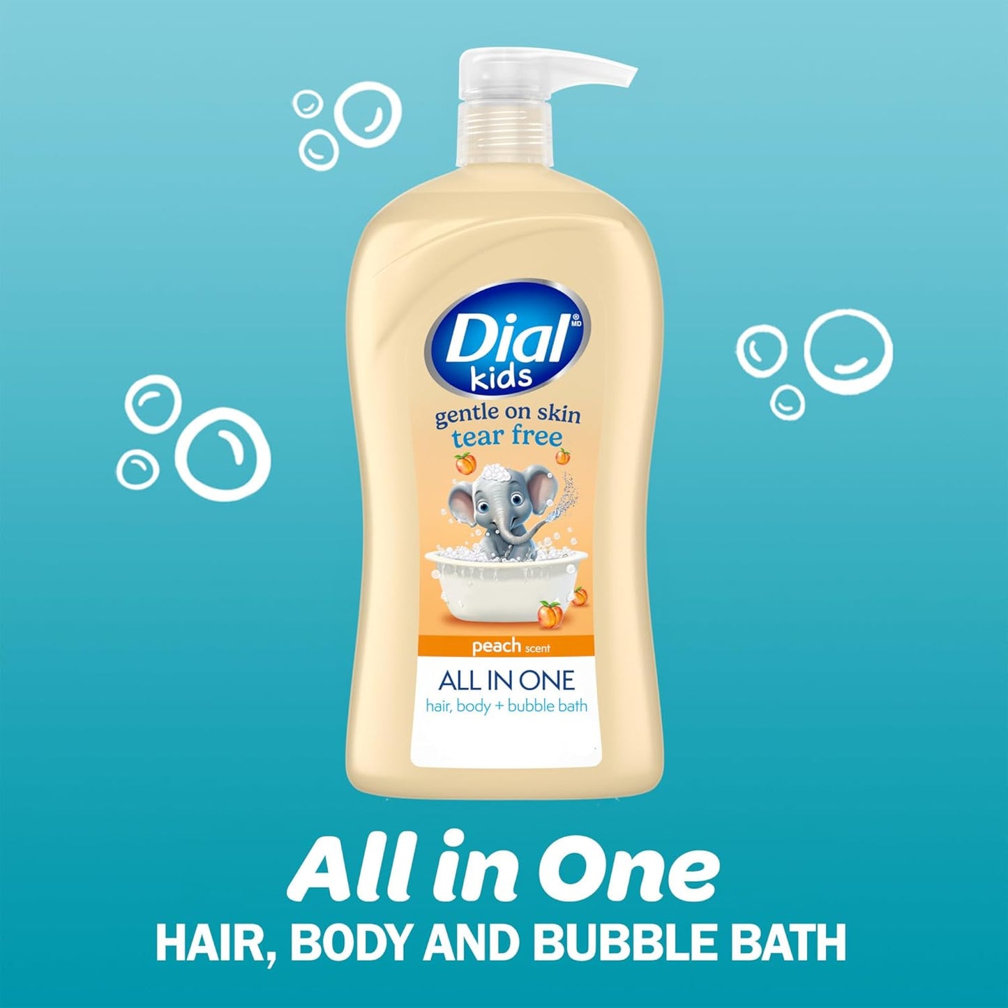 Dial Kids All-in-1 Body + Hair + Bubble Bath, Peach Scent, 32 Fl Oz, Hypoallergenic Body Wash & Shampoo, No Tears Formula for Kids 2+ Years, No Parabens & Silicones