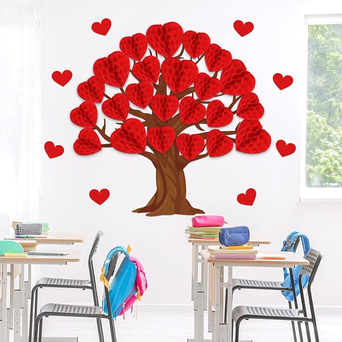 JarThenaAMCS 50Pcs Valentine' s Day Tree Bulletin Board Set 3D Heart Honeycomb