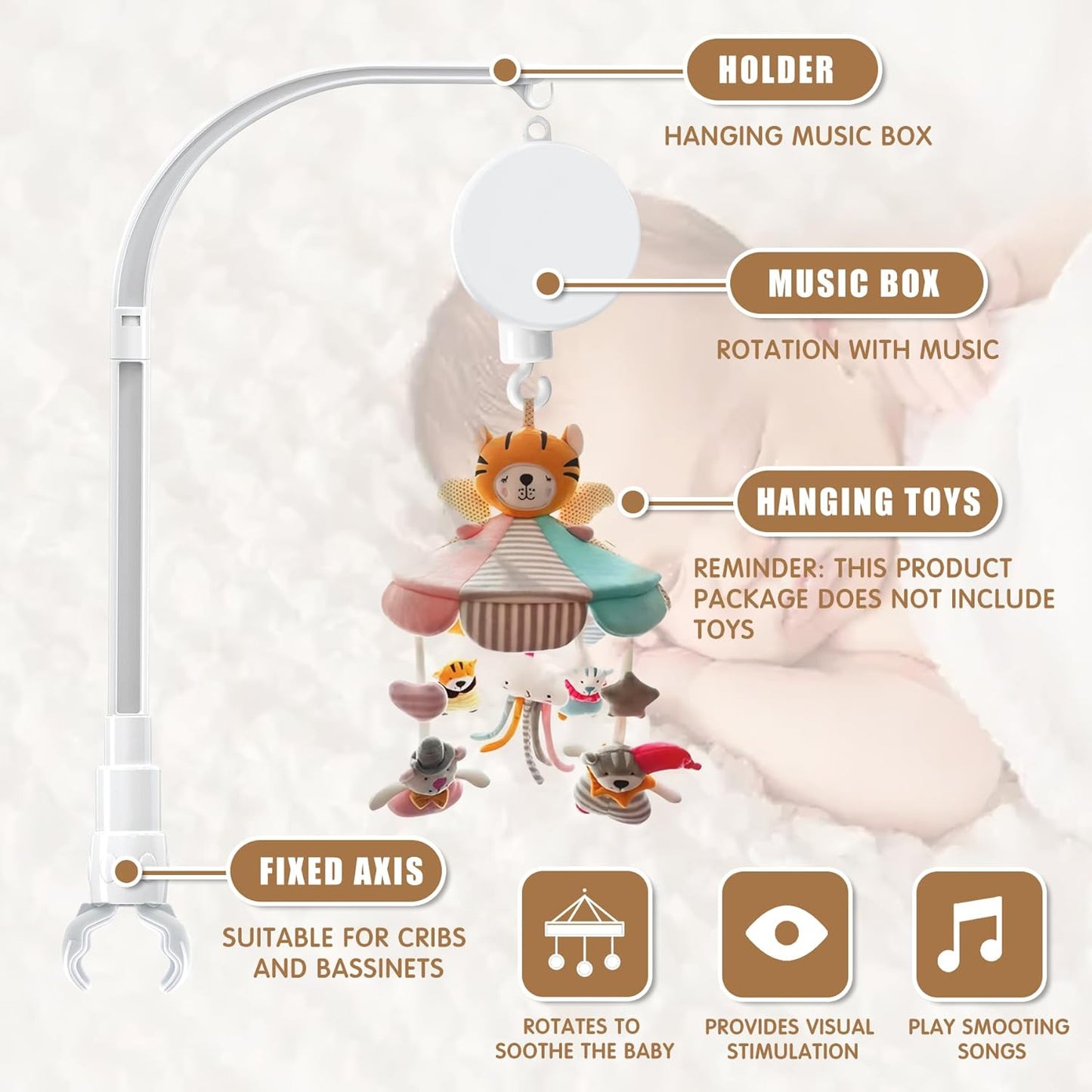 23 inches DIY Baby Crib Mobile Arm,Mobile arm for Crib,Nursery Mobile arm,Baby Mobile Hanger, with Music Box-The Claw Part Can be Adjusted Width-DIY Toy Decoration