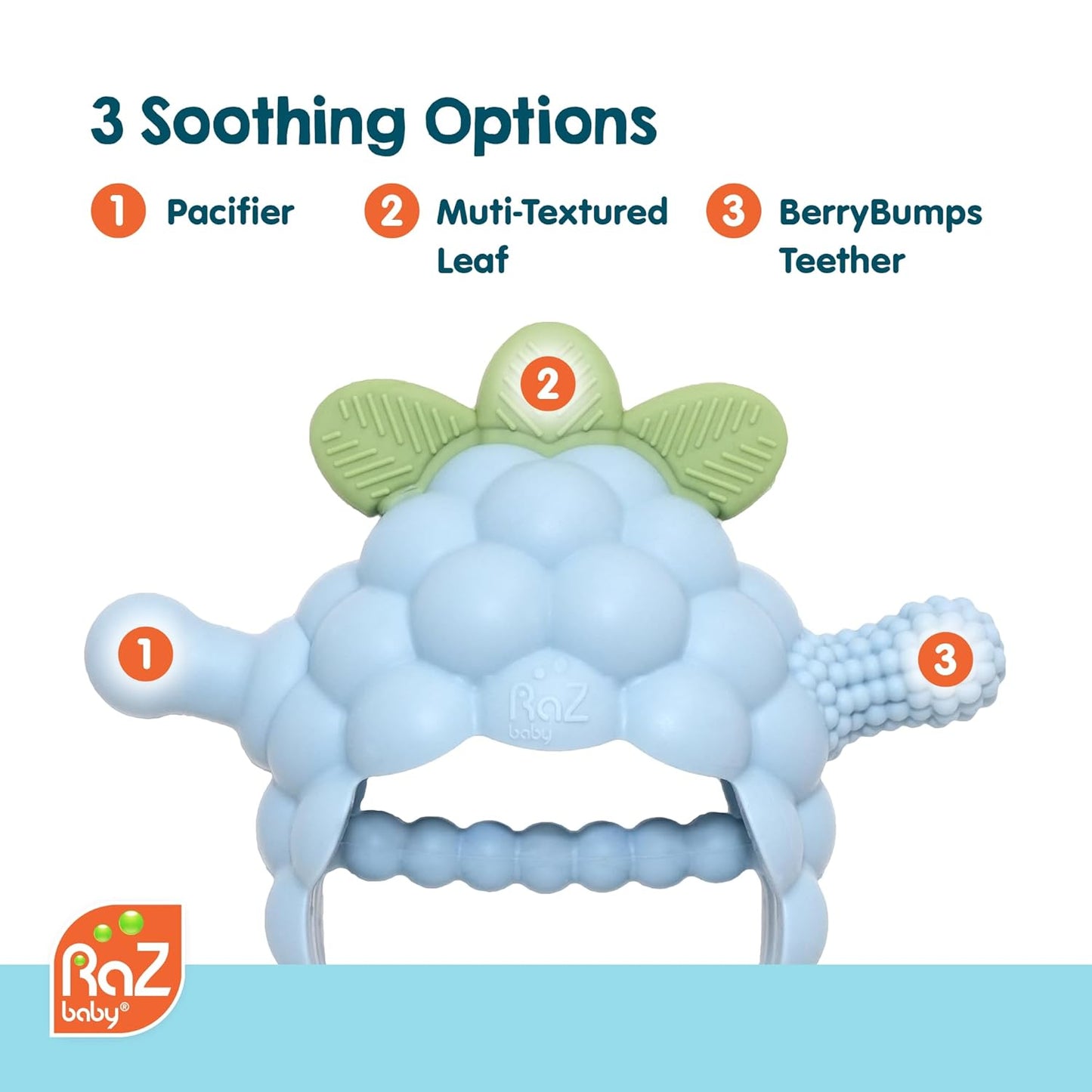 RaZbaby RaZberry Grip Silicone Teether Toy for 3M+ | Drop Resistant Hand Held Teether for Babies and Infants - Designed by Nature with Our Patented BerryBumps Multitextured Design | 3M+, Blue