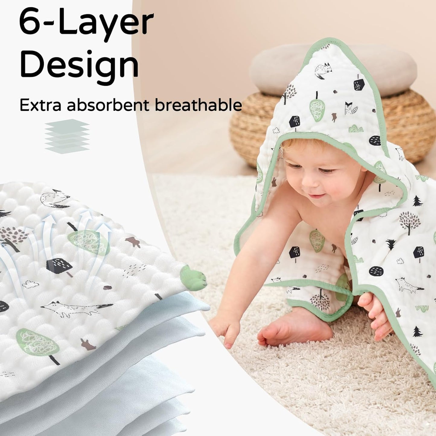 Yoofoss Hooded Baby Towels for Newborn 2 Pack 100% Muslin Organic Cotton Baby Bath Towel with Hood for Babies, Infant, Toddler and Kids, 32x32Inch, Soft and Absorbent Newborn Essential,Forest