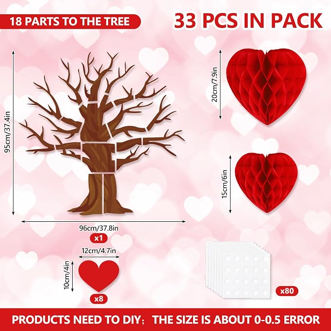 JarThenaAMCS 50Pcs Valentine' s Day Tree Bulletin Board Set 3D Heart Honeycomb