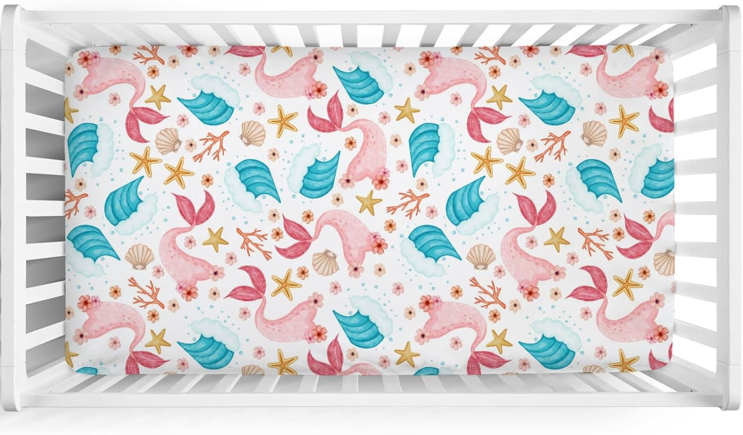 Colorful Nautical Life Baby Crib Sheets 52''x28'' Mermaids Starfish Conch Coral Wave Fitted Crib Mattress Cover for Boy Girl Sea Ocean Animal Nursery Bed Sheets for Standard Crib and Toddler Mattress