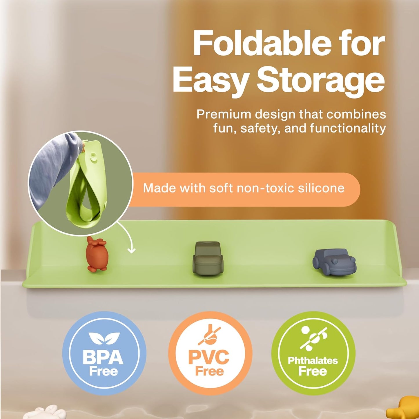 Original Little Splasher PlayPad, Bathtub Splash Guard Play Shelf - Toy Tray Caddy Holder Storage - Suction Cups Attach to Bath Tub - No Mess Water Spill in Bathroom for Toddlers Kids Baby (Green)