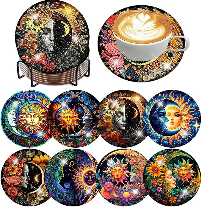 ijbnhd 8 Pcs Sun & Moon Diamond Art Coasters