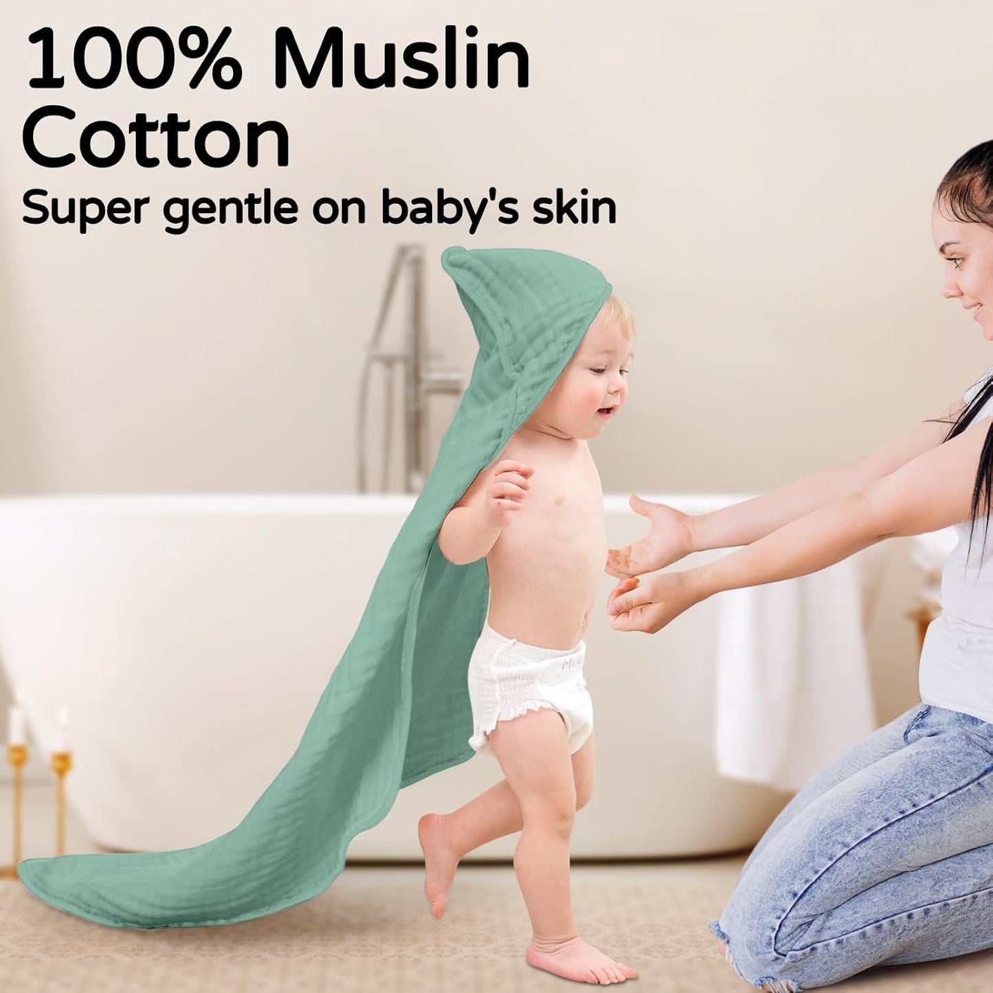 Yoofoss Hooded Baby Towels for Newborn 2 Pack 100% Muslin Organic Cotton Baby Bath Towel with Hood for Babies, Infant, Toddler and Kids, 32x32Inch, Soft and Absorbent Newborn Essential, Green Elephant