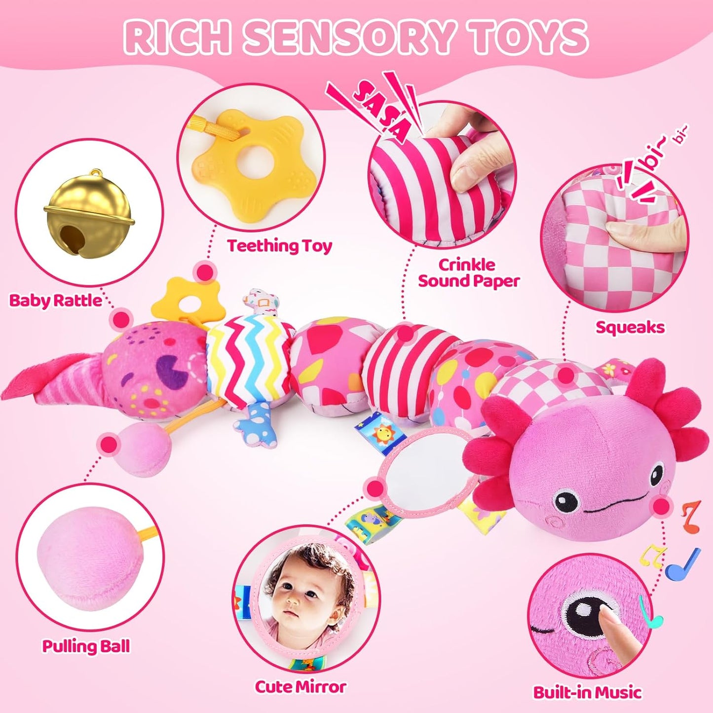 Baby Toys for 0-6 6-12 Months, Plush Axolotl Toy with Crinkle and Rattles for Infant Newborn, Sensory Music Animal Stuffed Toy for 0 1 2 3 4 5 6+ Month, Tummy Time Toys Gifts for 0-3-6-12 Months,Pink