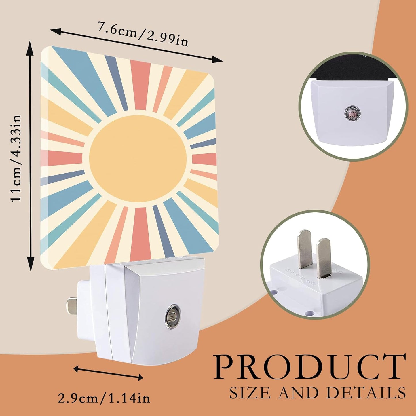 Retro Sun Burst Night Light with Dusk to Dawn Sensor for Kids, Rooms, Hallways, Kitchens, Bathrooms, Nurseries, Stairs
