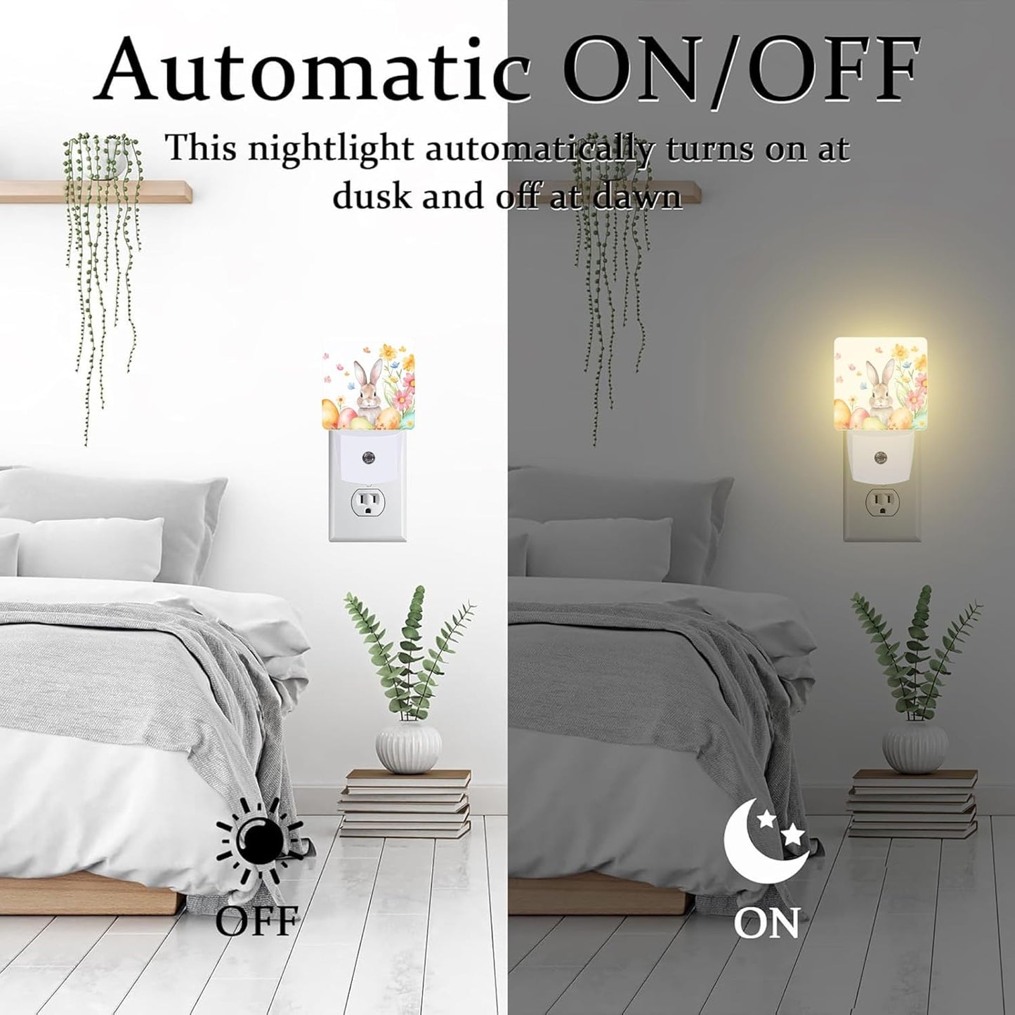 Cute Easter Bunny and Eggs Night Light, Easter Rabbit and Flowers Dusk to Dawn Night Light Plug in, 0.5w Energy Saving Sleep Friendly NightLight for Kids Boys Girls Home Decor